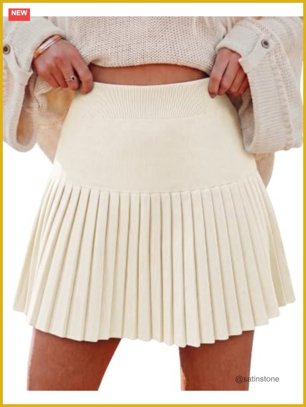 Womens Pleated Mini Skirt High Waist Stretchy Knit Sweater Skirt A-Line